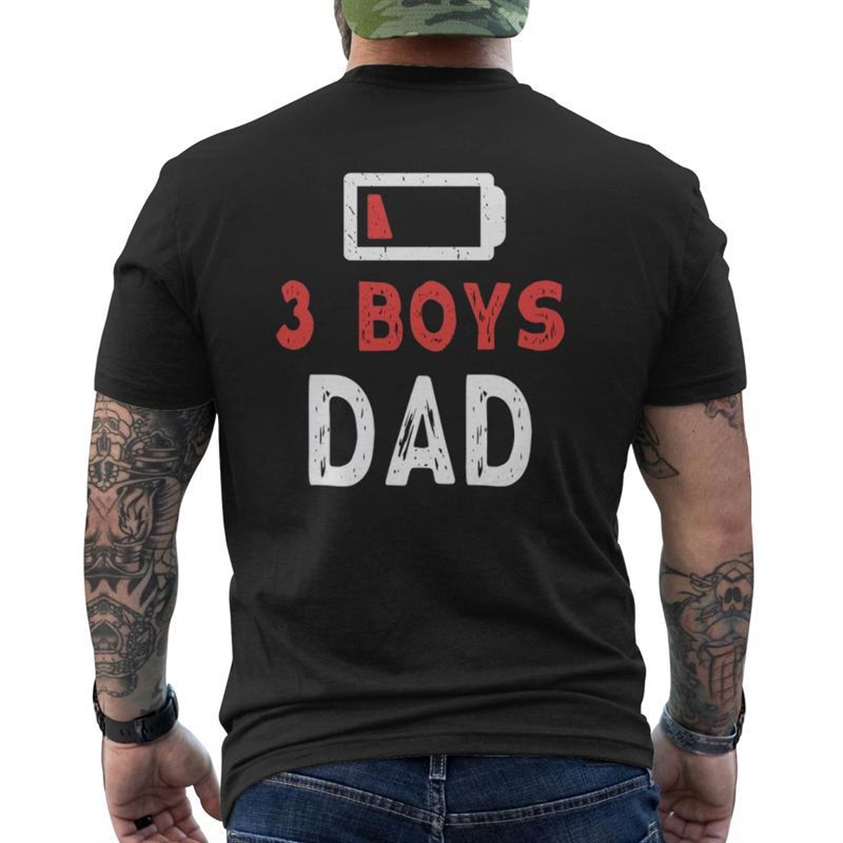 3 Boys Dad Low Battery Three Boys Dad Father’s Day Mens Back Print T-shirt