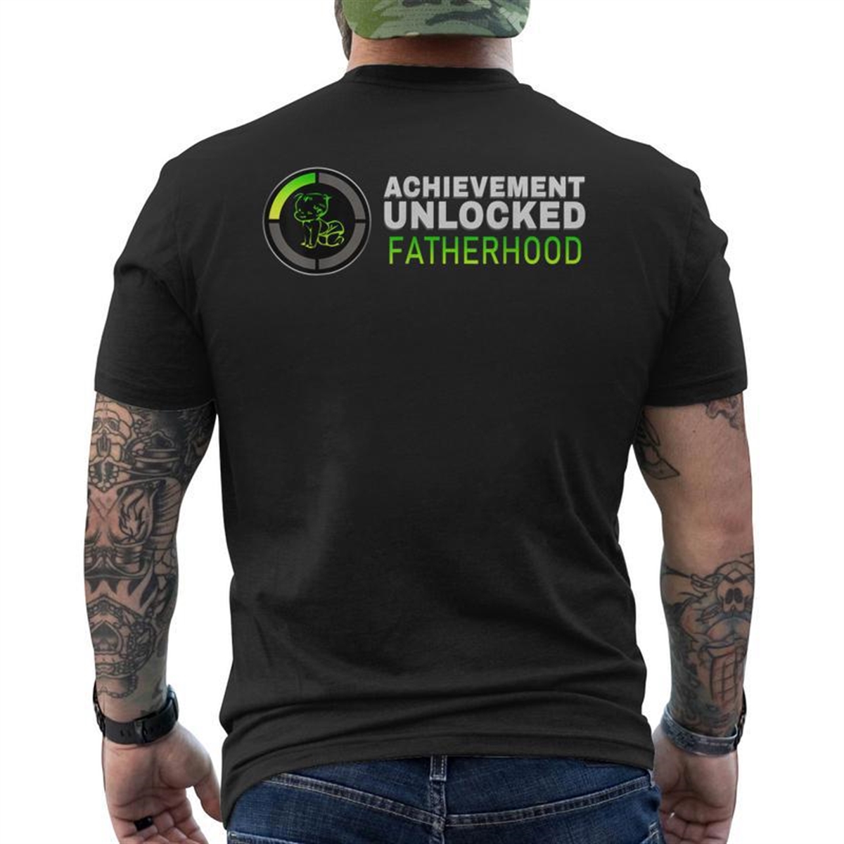 Achievement Unlocked Fatherhood Gamer Dad Father’s Day Mens Back Print T-shirt