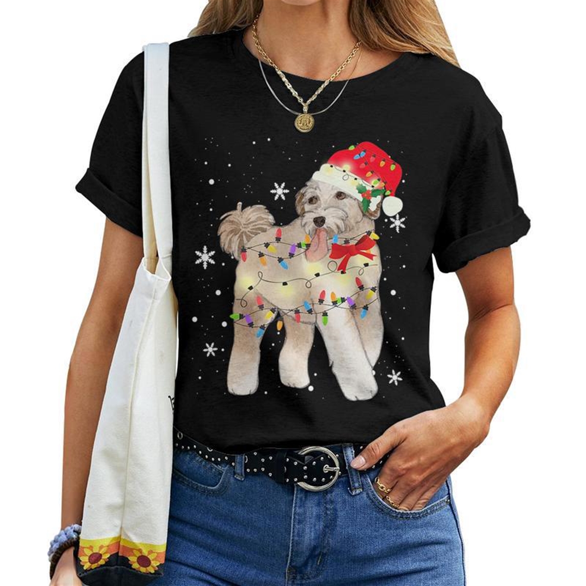 Aussiedoodle Dog Christmas Light Xmas Mom Dad For Mom Women T-shirt Crewneck
