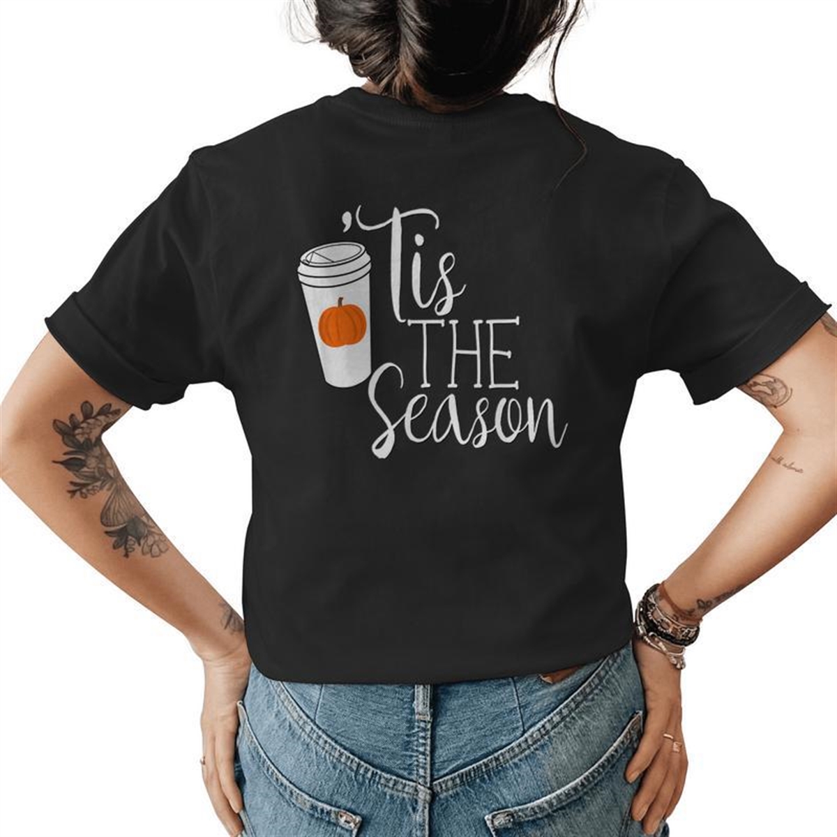 Autumn Fall Pumpkin Spice Coffee Tis The Season Mom Womens T-shirt Back Print