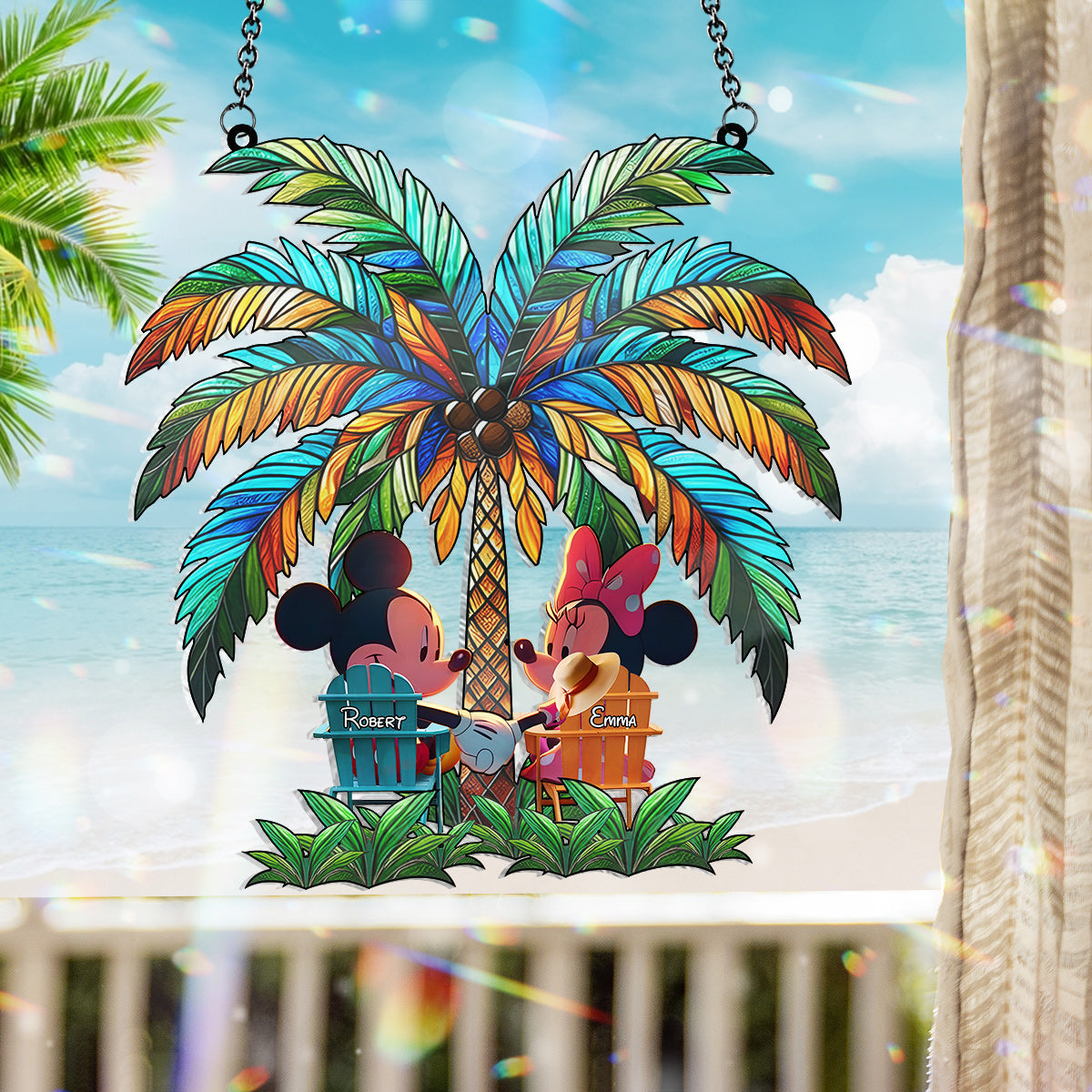 Under The Palm Tree Happy Couple – Personalized Mouse Window Hanging Suncatcher Ornament